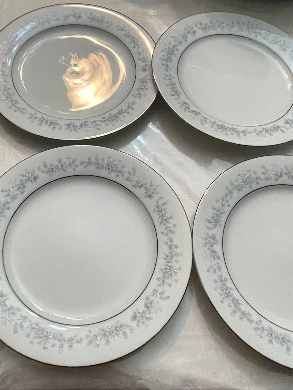 Noritake White Porcelain Dinner Plates with Silver Floral Trim